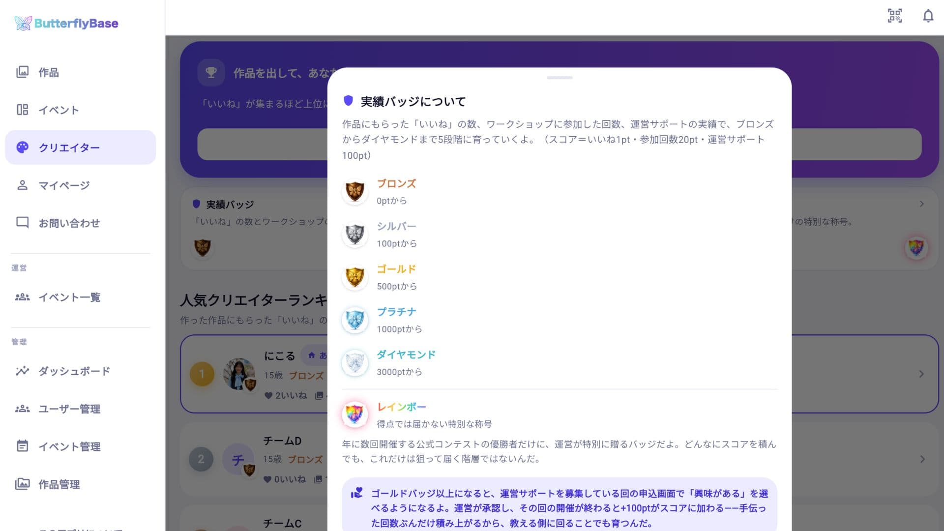 ButterflyBaseの実績バッジ画面。ブロンズからダイヤモンドまでの5段階と、公式コンテスト優勝者だけに贈られるレインボーバッジの説明