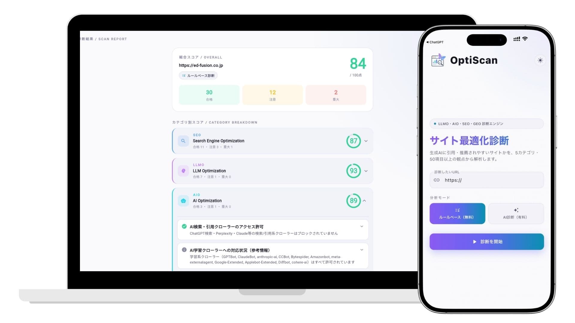 OptiScanの診断結果画面。総合スコア84点、SEO・LLMO・AIOのカテゴリ別スコアと、AIクローラーのアクセス許可状況の診断項目が表示されている