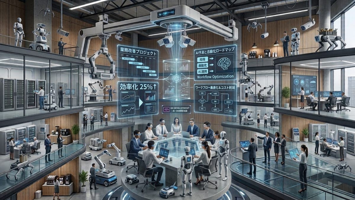 AI・DXによる業務改善のイメージ。ワークフロー最適化やコスト削減の指標を可視化した近未来のオフィス