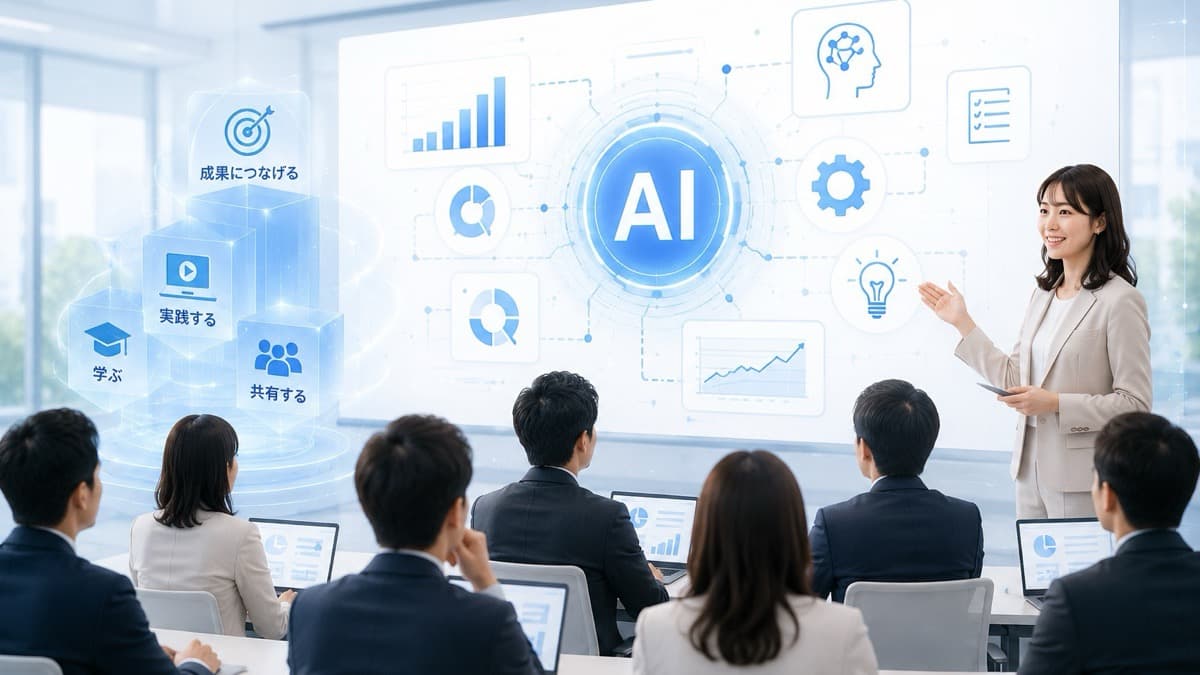 会議室で行う法人向けAI研修の様子。受講者がノートPCを開き、講師の解説を聞きながら演習に取り組んでいる